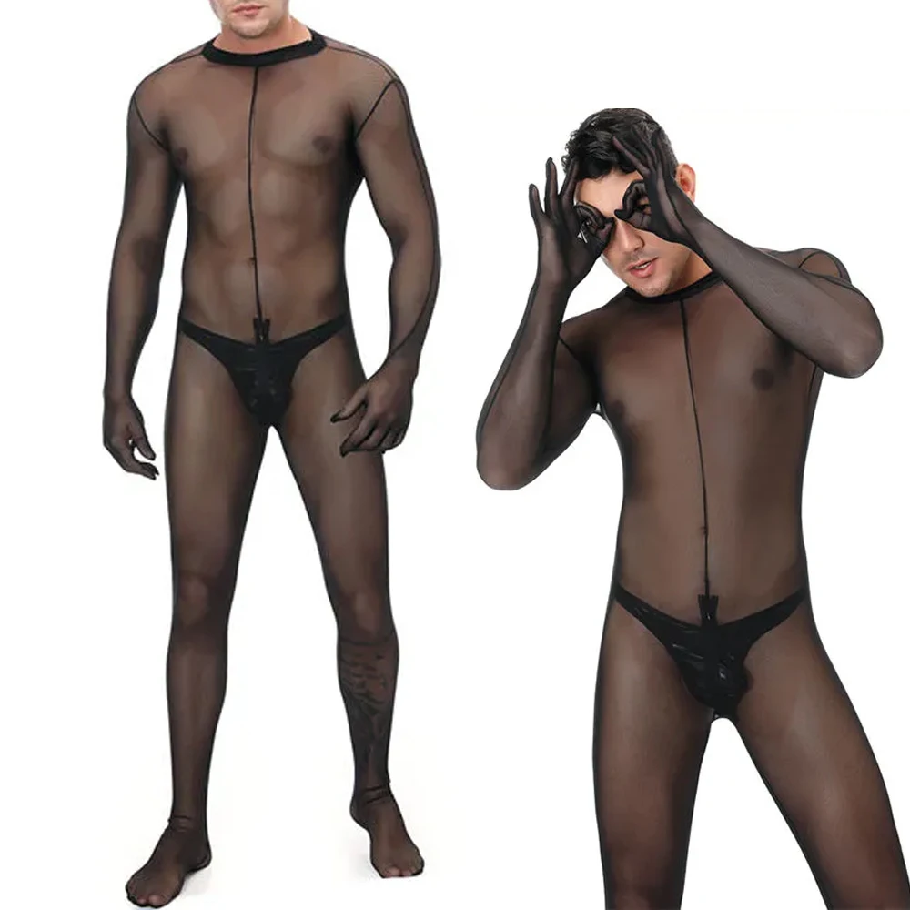 ผู้ชายเซ็กซี่ดูผ่านเปิด Crotch Bodysuit Pantyhose ถุงน่องเร้าอารมณ์ One Piece Jumpsuit Sissy Full Body ถุงน่อง Leotard