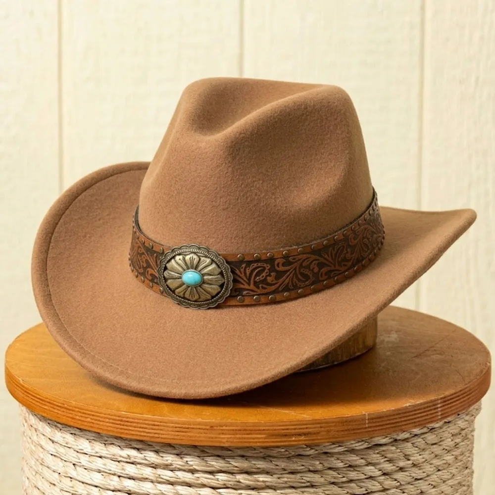 Vintage Brown Felt Western Cowboy Hat with Turquoise Flower Concho Embossed Leather Band Wide Roll-up Brim Woolen Cowgirl Hats