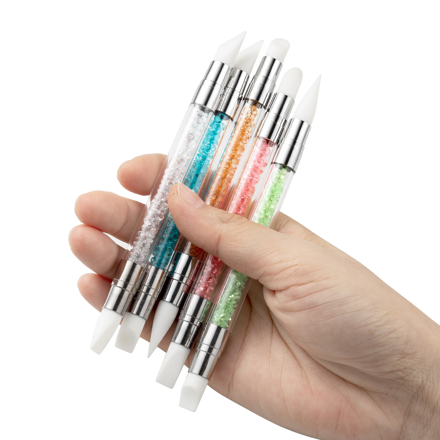 Canetas de gravação de arte em unhas de silicone de cabeça dupla 5 peças ferramentas de escultura de flores 3D com pontas ajustáveis para aplicação em pó cromado