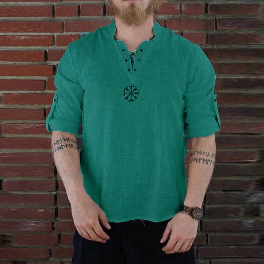 Men\'s Medieval Pirate Linen Top Shirt Vintage Costume Nordic Retro T-shirt Beard Cosplay Causal Tee Lace Up For Adult Belted