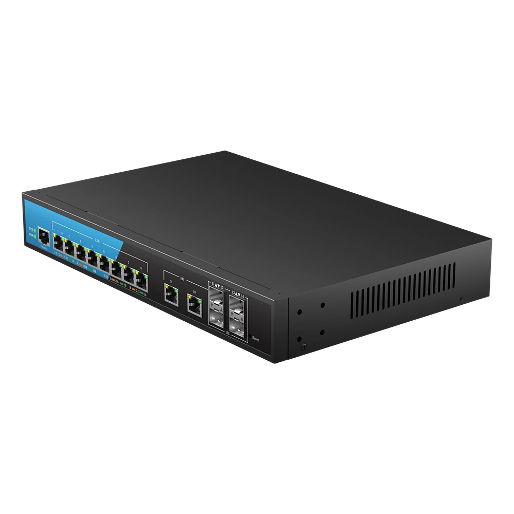 

14-портовый управляемый коммутатор PoE+ Bullscom — PoE 8 x 2,5 GbE, 2 x 10 GbE RJ45, 4 x 10G SFP+, слой 3 маршрутизации