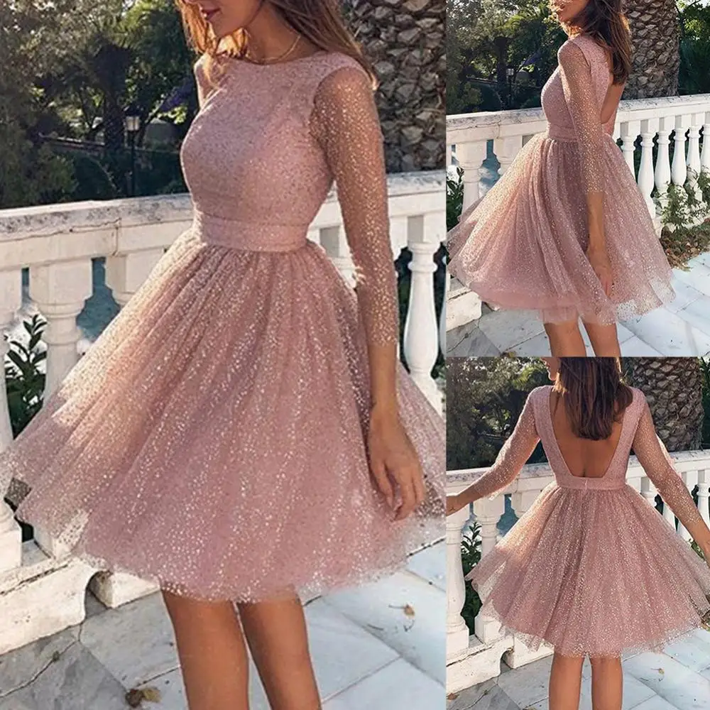 Hot apparel Evening Party Sexy Women See-through Sequins 3/4 Sleeve Backless Dress Gown