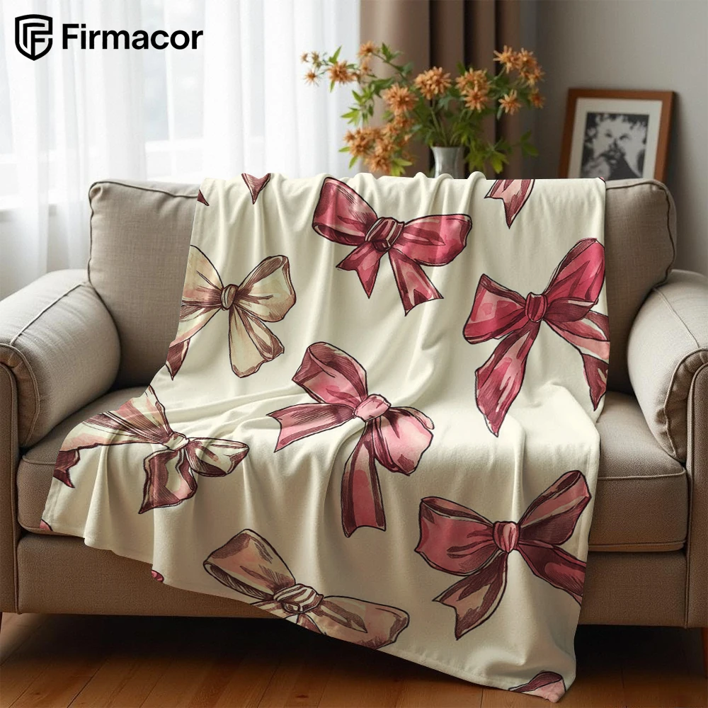 Blush-Tone Watercolor Bow Lightweight Microfiber Soft Christmas Fleece Blanket Warm Cozy Throw for Bed Office Travel All Season