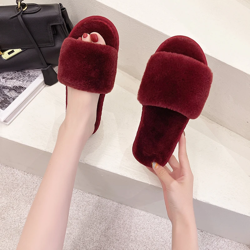 Fashion Plush One-word Slippers Women New Cotton Slippers Home Indoor Non-slip Warm Floor Cotton Slippers Women