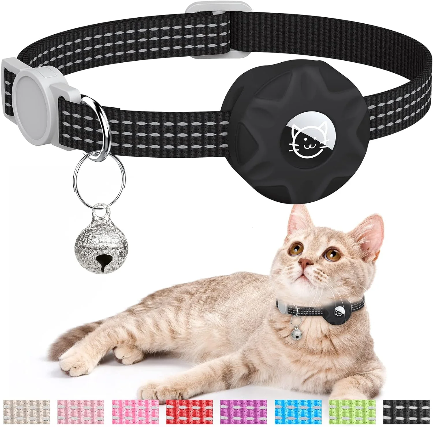 Cat Collar for AirTag Reflective Breakaway Kitten Collars with GPS Tracker Holder and Bell Pet Accessories for Cats Puppies