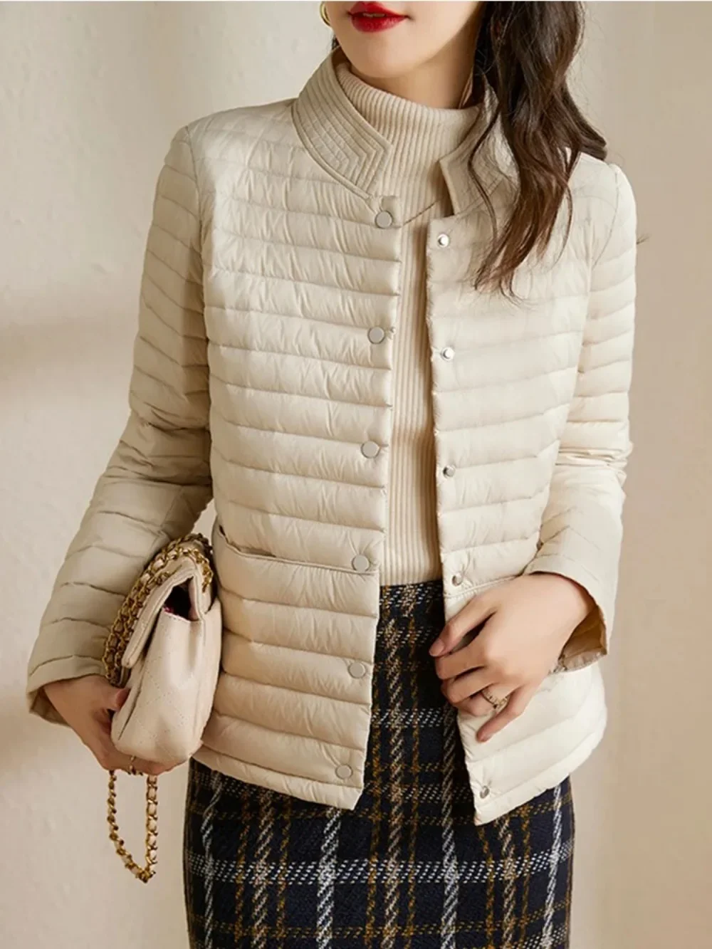 2024 Winte Casual Fashionable Puffer Autumn Lightweight Thin Jacket  Women White Duck Down Jacket Standing Collar Coat Female