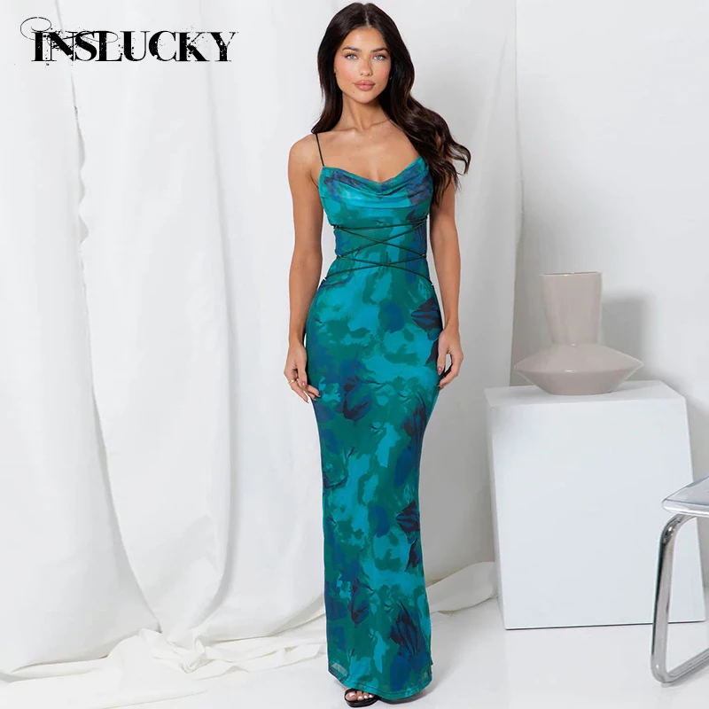 InsLucky Summer Sexy Backless Lace Up Print Maxi Dress Women Beachwear Spaghetti Strap Pile Collar Sleeveless Skinny Long Dress