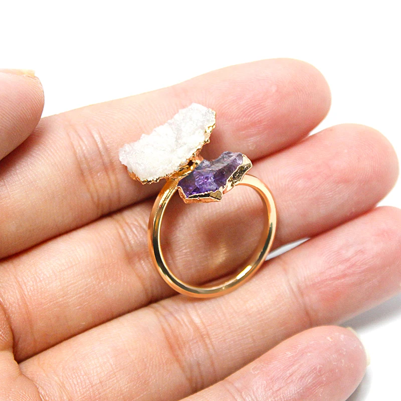 Druzy Crystal Amethyst Open Ring Golden Irregular Handmade Raw Stone Finger Jewelry Adjustable Size