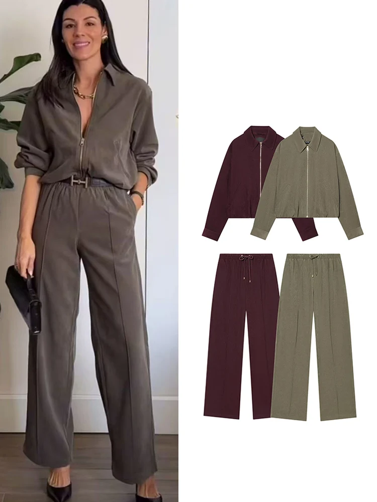 

TFMLN женский куртка-бомбер, комплект брюк, винтажные карманы, плиссированное пальто на молнии, прямые брюки на шнурке, повседневный комплект из 2 предметов