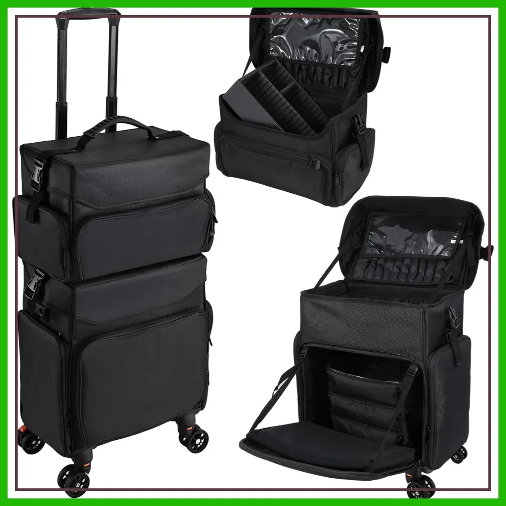 

Rolling Makeup Case, Soft Sided Travel Organizer with Wheels for Makeup Artists, Nail Techs, Hairstylists, 2-in-1 Nylon Black