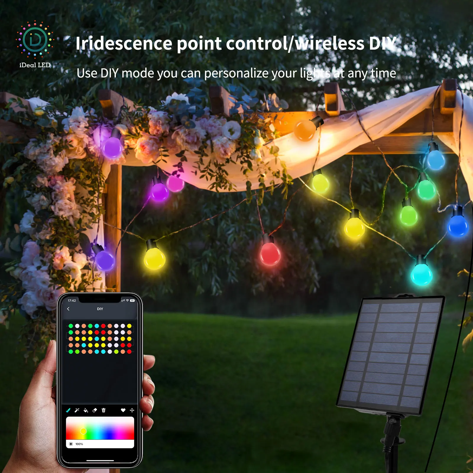 Solar Outdoor Smart String Lights,APP Control+Remote ,Color Changing String Lights with RGB G40 Led String Lights Outdoor IP65