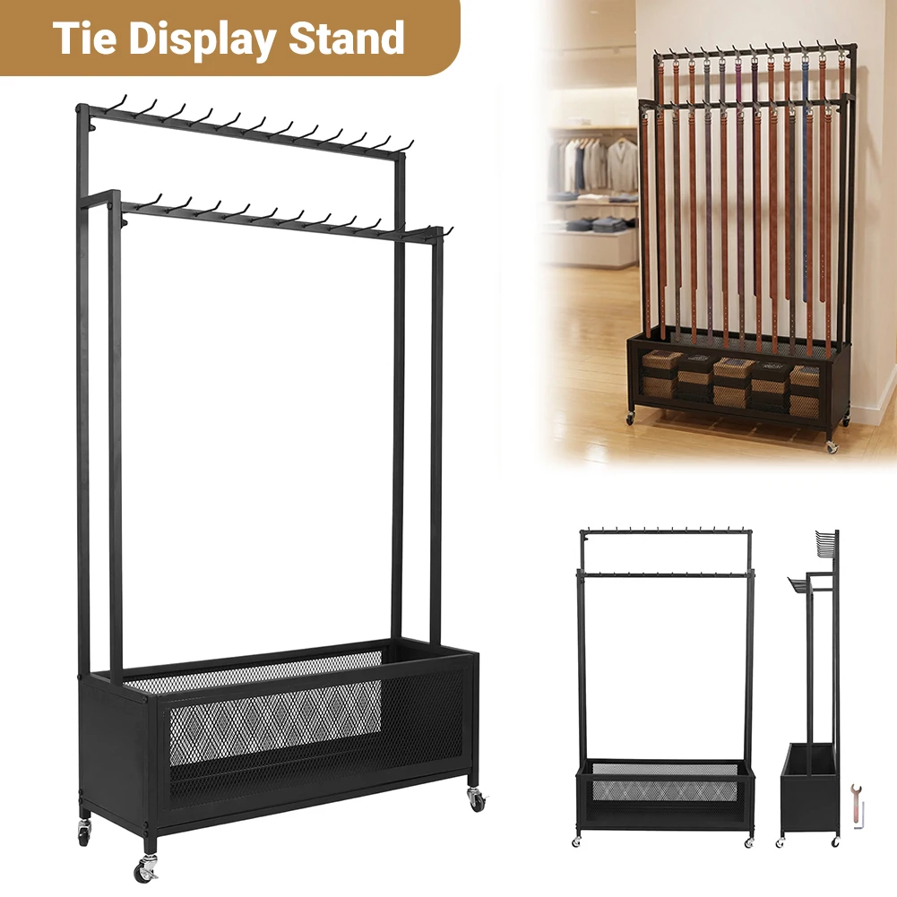 2-Tier Metal Display Stand Organizer with Wheels & Hooks Belt Display Stand Shelf for Bedroom Store Clothing Retail Business