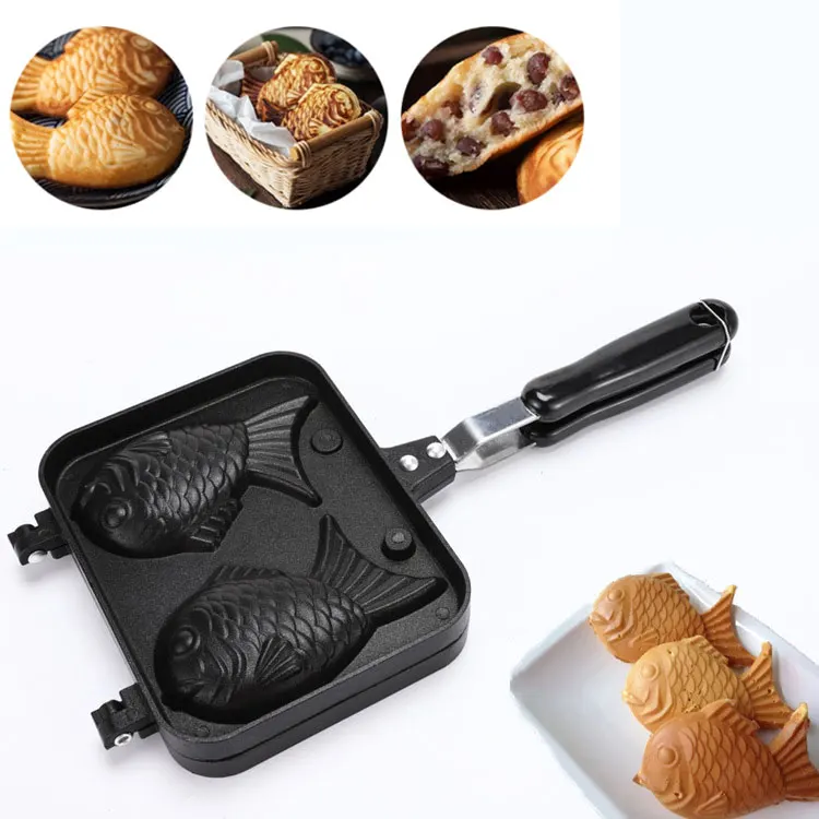 Kitchen Japanese Taiyaki Double Fish Shaped Hot Dessert Waffle Cake Maker Pan Japanese Pancake Double Pan Fry Pan Waffle Molds