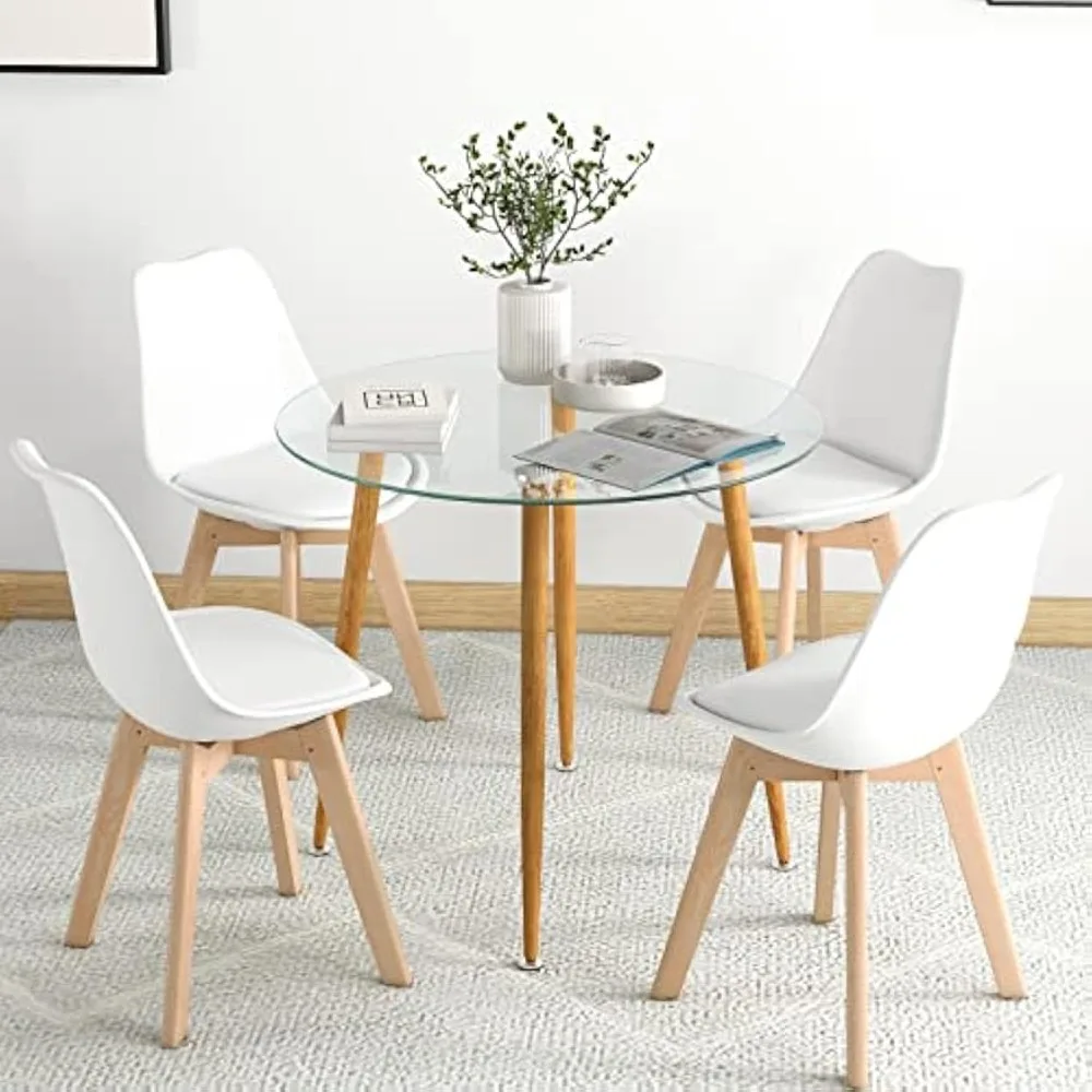 

Dining Table Set for 4, Modern 5-Piece Dining Room Set w/ 1 Round Tempered Glass Table & 4 High Back Chairs, Space-Saving Set