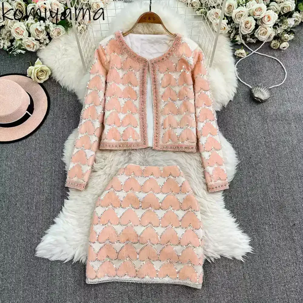 Sequined Heart Woman 2025 Sets Round Neck Long Sleeve Jacket+ High Waist Bodycon Skirt Spring New Sweet Small Fragrance Suit