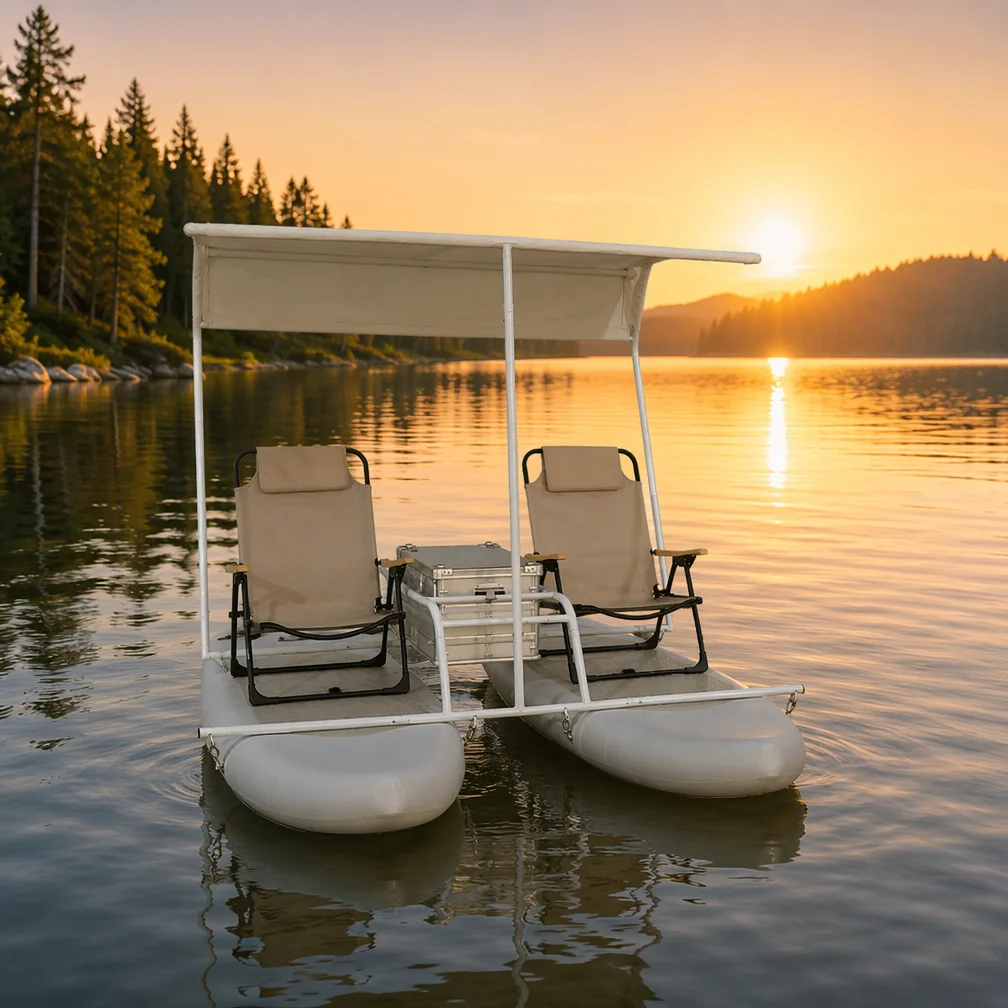 Luxury Inflatable Catamaran Boat with Removable Canopy Comfort Chairs 2 Person Blow up Pontoon for Fishing Water Recreation