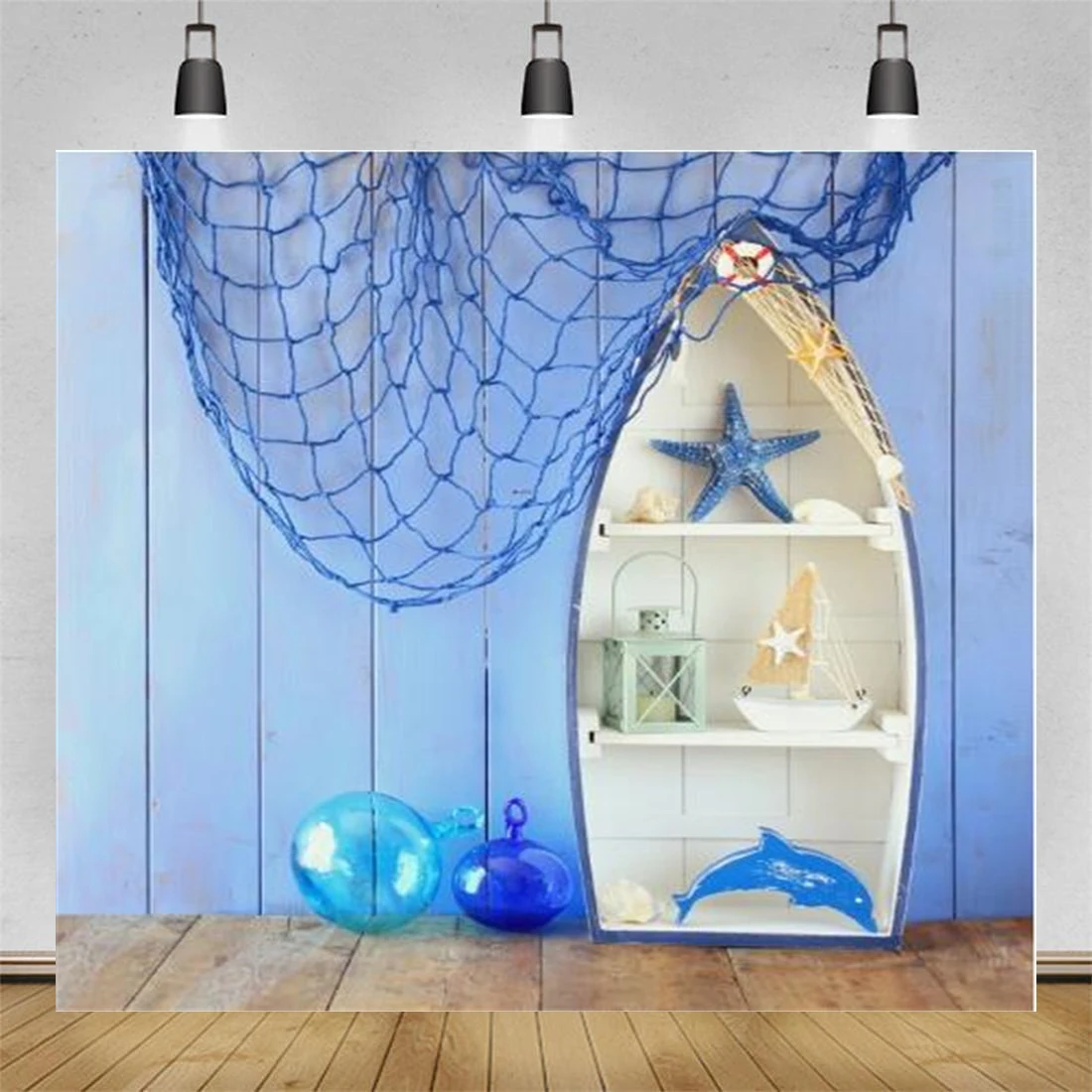 Photography Backdrop Summer Skateboard Fishnet Fishmonfish Wooden Ground Anchor Child Poster Background Banner Photo Studio