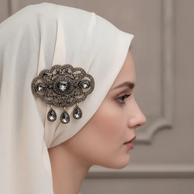 Gray Turkish Crystal Vintage Brooch Fashion Non-Allergic Women Lapel Pin for Hijab Bridal Shower Wedding Accessory