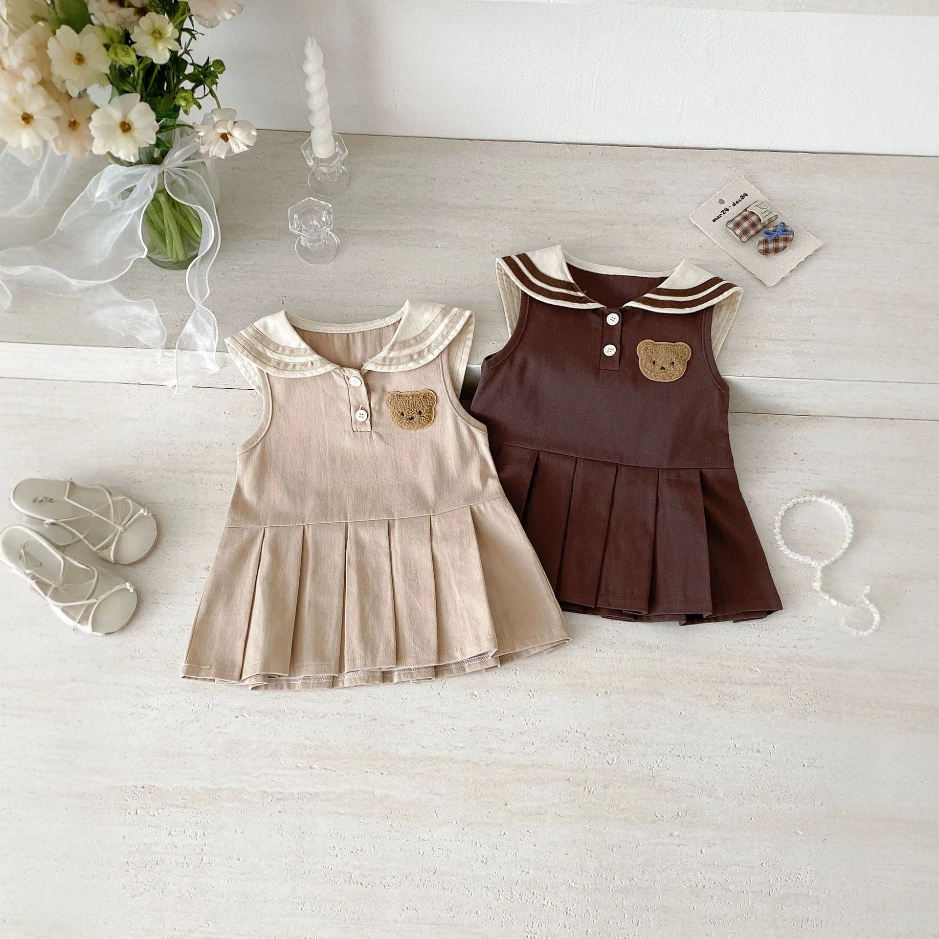 Girls' Dress 2026 New Summer Baby Girl Academy Style Little Bear Tank Top Skirt Children's Stylish Pleated Skirt