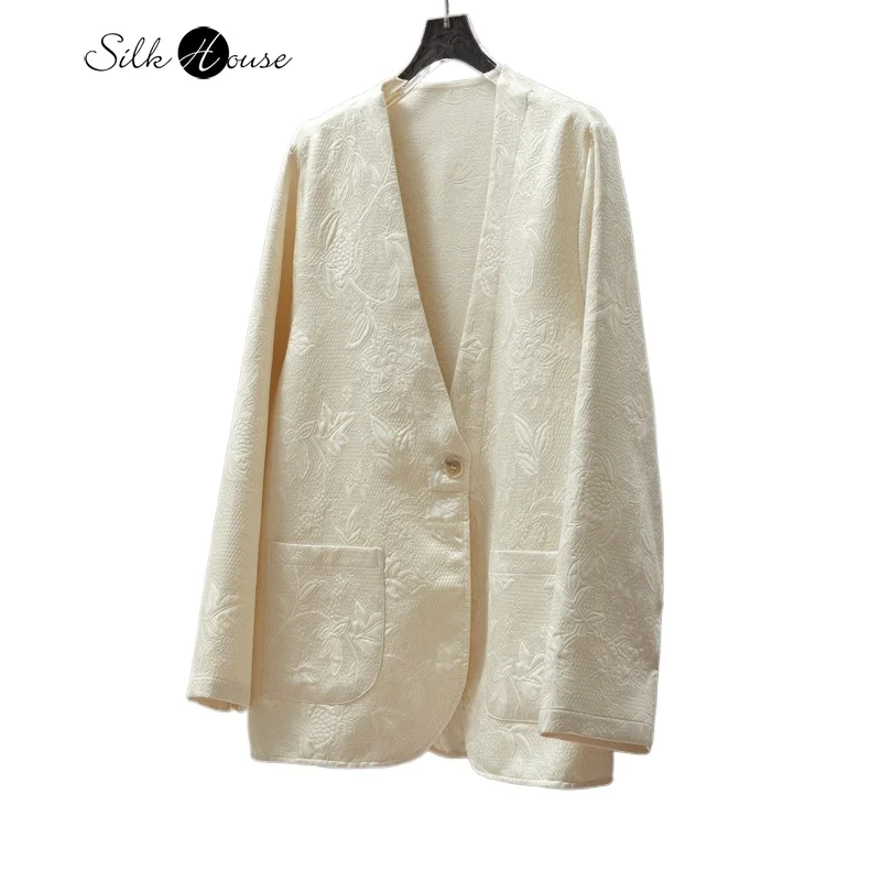 

2025 Women's Fashion Spring New Style Texture Interwoven Crown Crepe V-neck Long Sleeve Loose Milk White Coat Suit