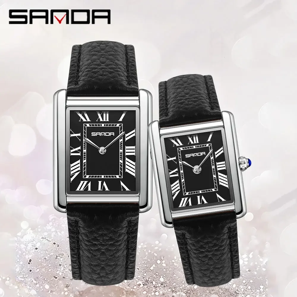 SANDA New Couple Tank Watches Wear Resistant Leather Strap Luxury Square Dial Waterproof Sports Casual Men Women Quartz Watches