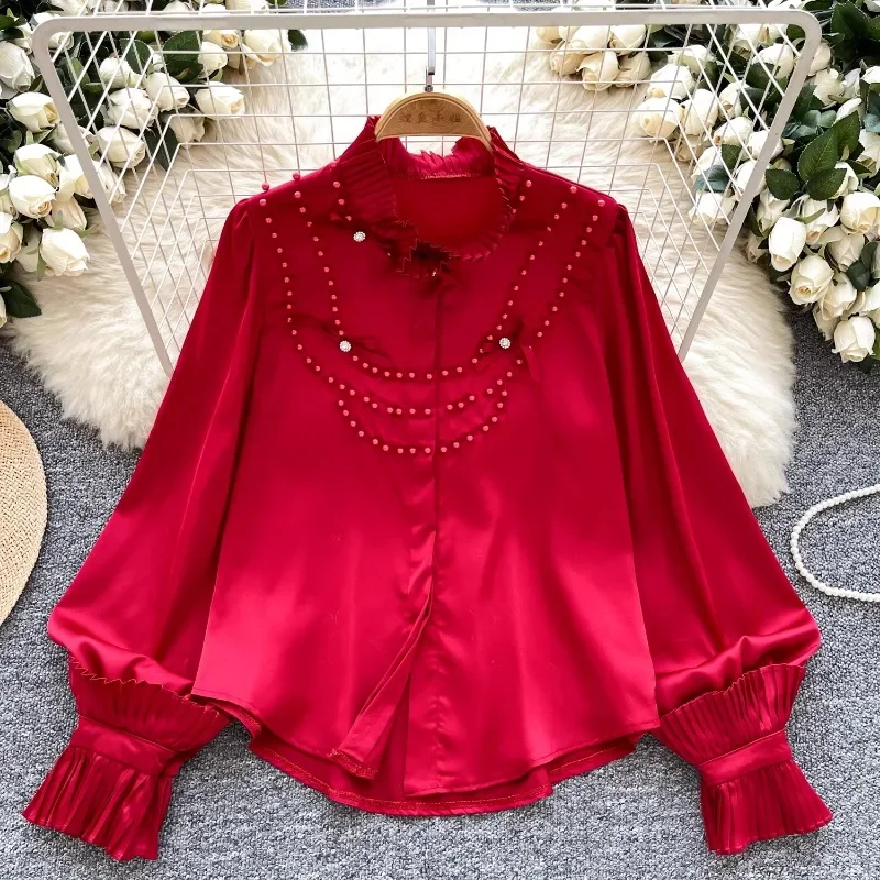 2025 Spring New Vintage French Women Clothing Blusas Mujer Beading High Grade Blouses O Neck Pleated Bowknot Chic Satin Shirts