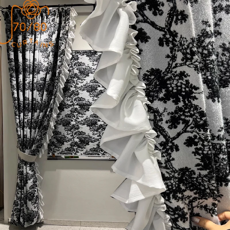 Black and White Bayberry Tree Ear Ruffle Cashmere Jacquard Chenille Curtains for Living Room Bedroom French Window Balcony