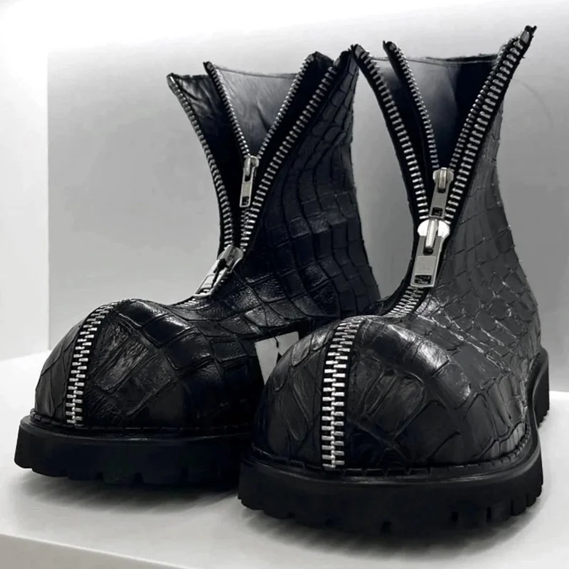 Black Leather Big Head Men's Boots Crocodile Pattern Thick Bottom Gothic Mid-calf Boots Front Zipper Ankle Boots Autumn Winter