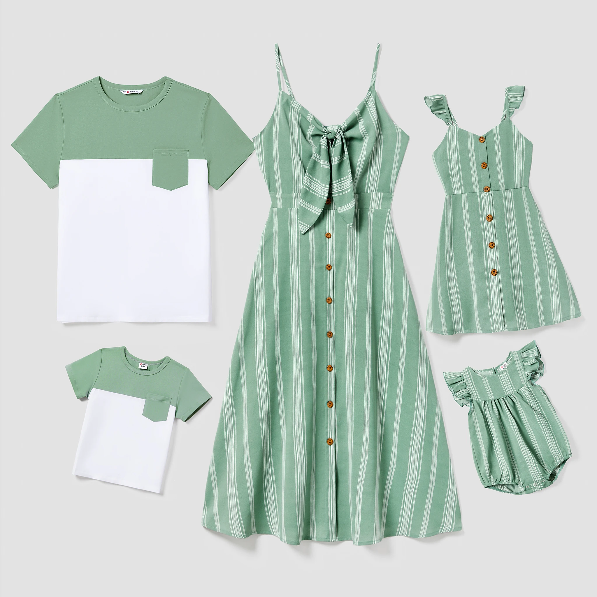 

PatPat Family Matching Colorblock T-shirt and Tie Front V-Neck Stripe Button-Front Spaghetti Strap Dress