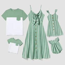 PatPat Family Matching Colorblock T-shirt and Tie Front V-Neck Stripe Button-Front Spaghetti Strap Dress