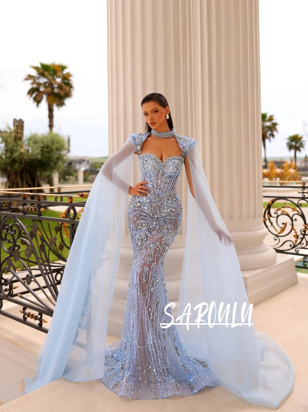 Light Blue Statement Two Pieces Dazzling Evening Dress Illusion Customized Cocktail Gown Popular Party Mermaid Beaded Prom Wear