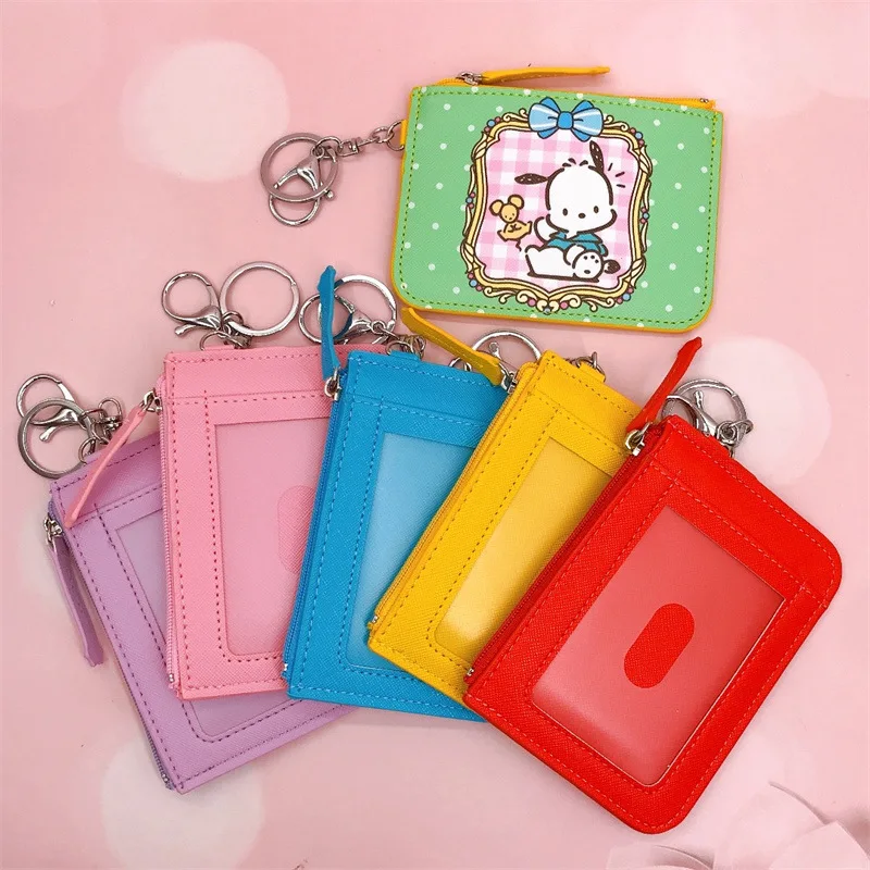 Sanrio Hello Kitty Kuromi Coin Purse Pochacco Card Holder Leather Cartoon Documents Credit Card Protective Case Keychain Pendant