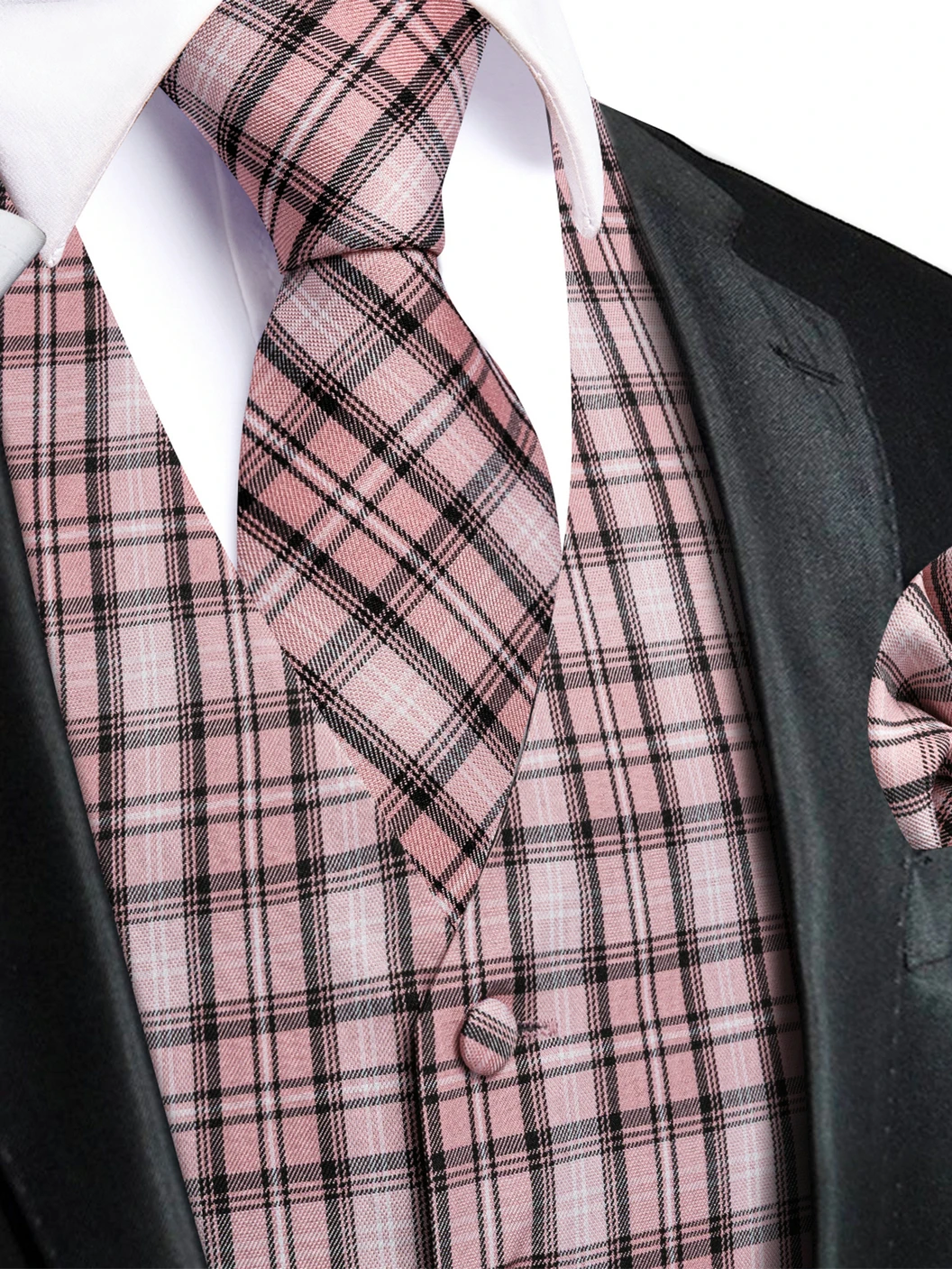 VERVEROW Men's Pink Plaid Jacquard Waistcoat V Neck Suit Vest with Necktie Pocket Square, Formal Dress for Wedding Banquet