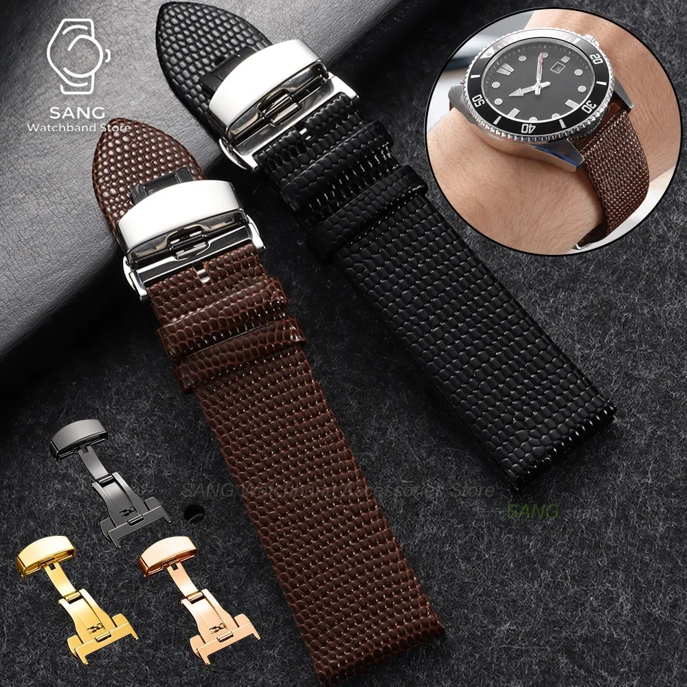 10mm 12mm 14mm 16mm 18mm 20mm 22mm Lizard‑Grain Cowhide Leather Watchband Butterfly Clasp Replacement Strap Bracelet Accessories