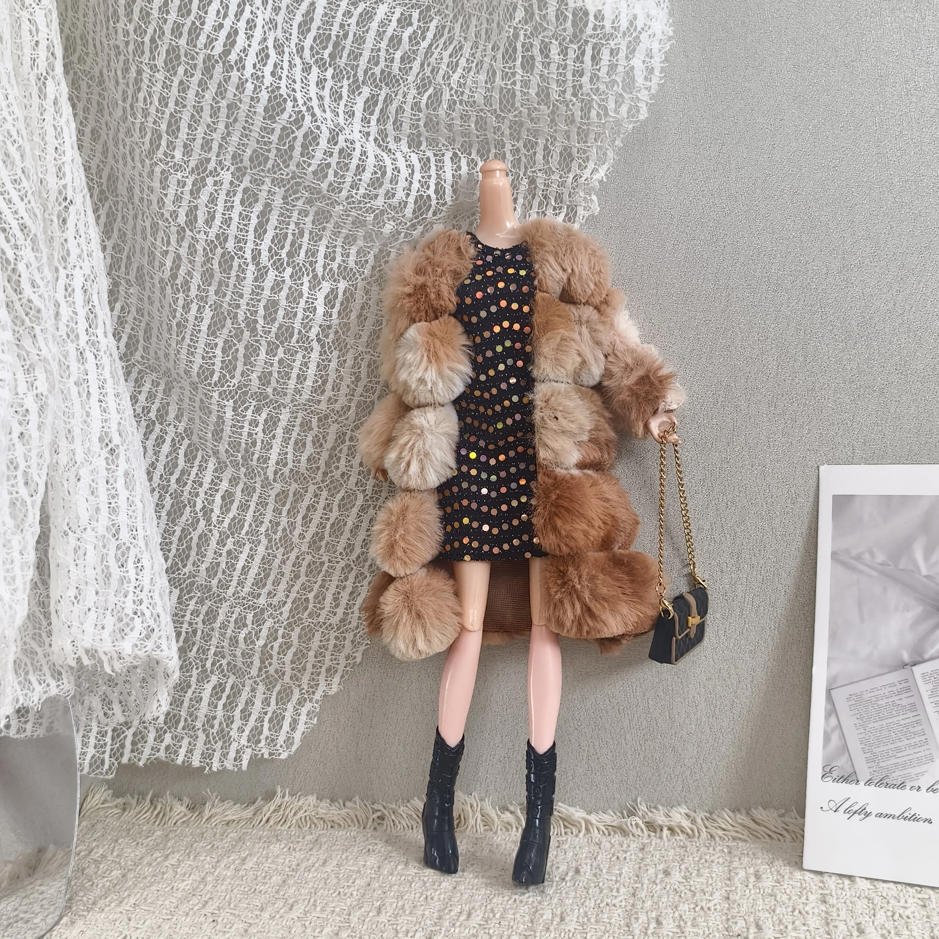 1/6 Doll Clothes Accessories Luxurious Winter Fur Coats+Fashion Sequin Dress+Boots+Bag For 30cm FR Babi Supermodel Doll Dress Up
