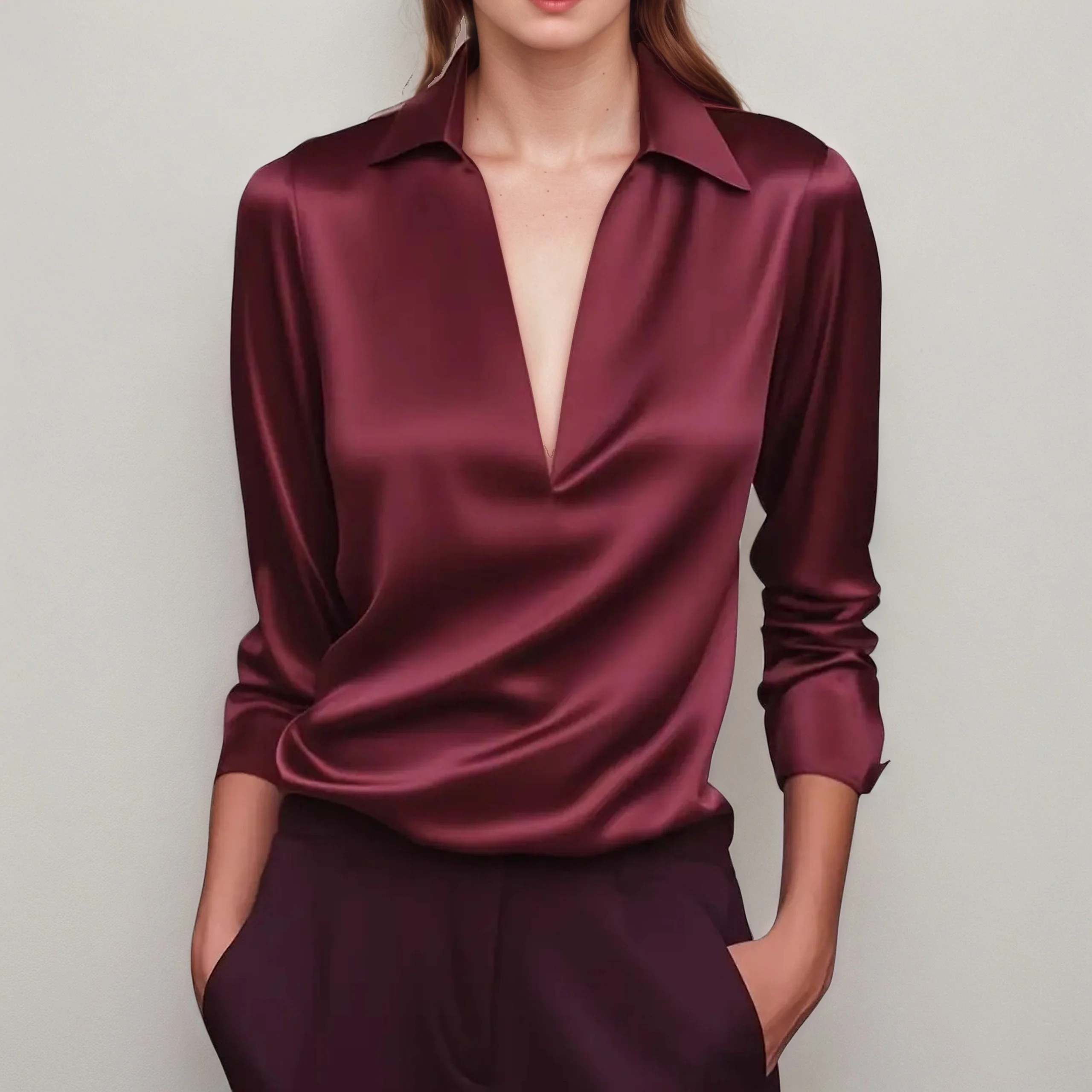 Elegant Women's Satin Shirt Blouse Turn Down Collar Deep V-neck Long-sleeved Solid Color Loose Shirt Casual Top Office Ladies