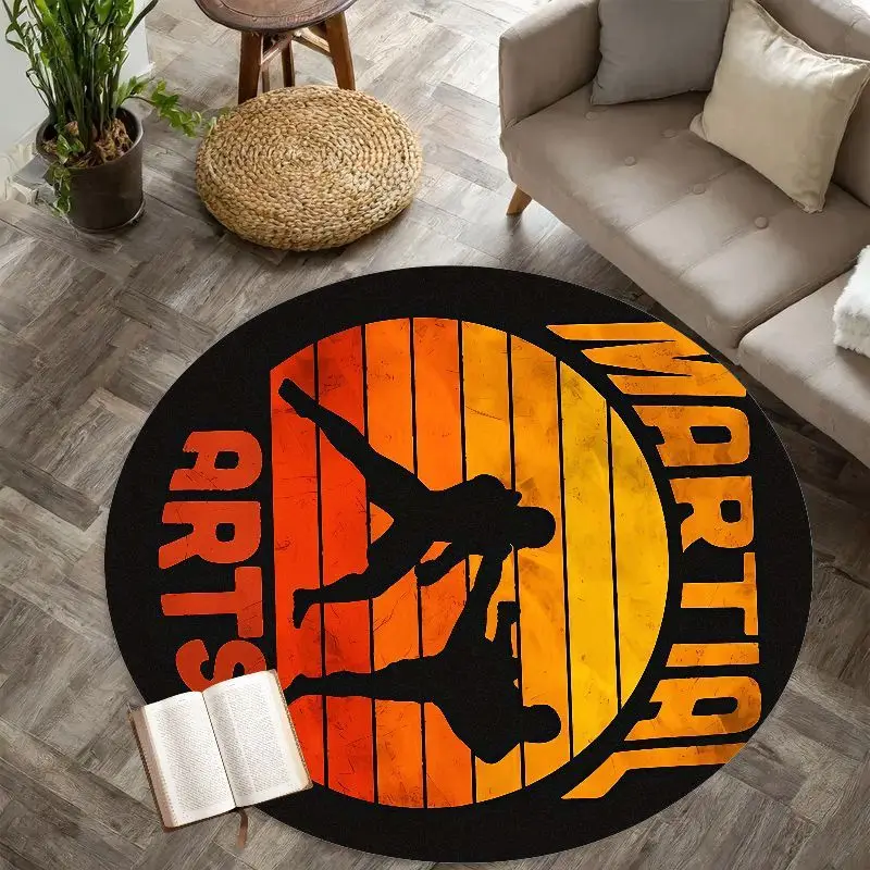 Martial Arts Silhouette Round Rug Flannel Carpet Combat Sport Themed Area Mat for BoysRoom Decor Training Gym Soft Non SlipFloor