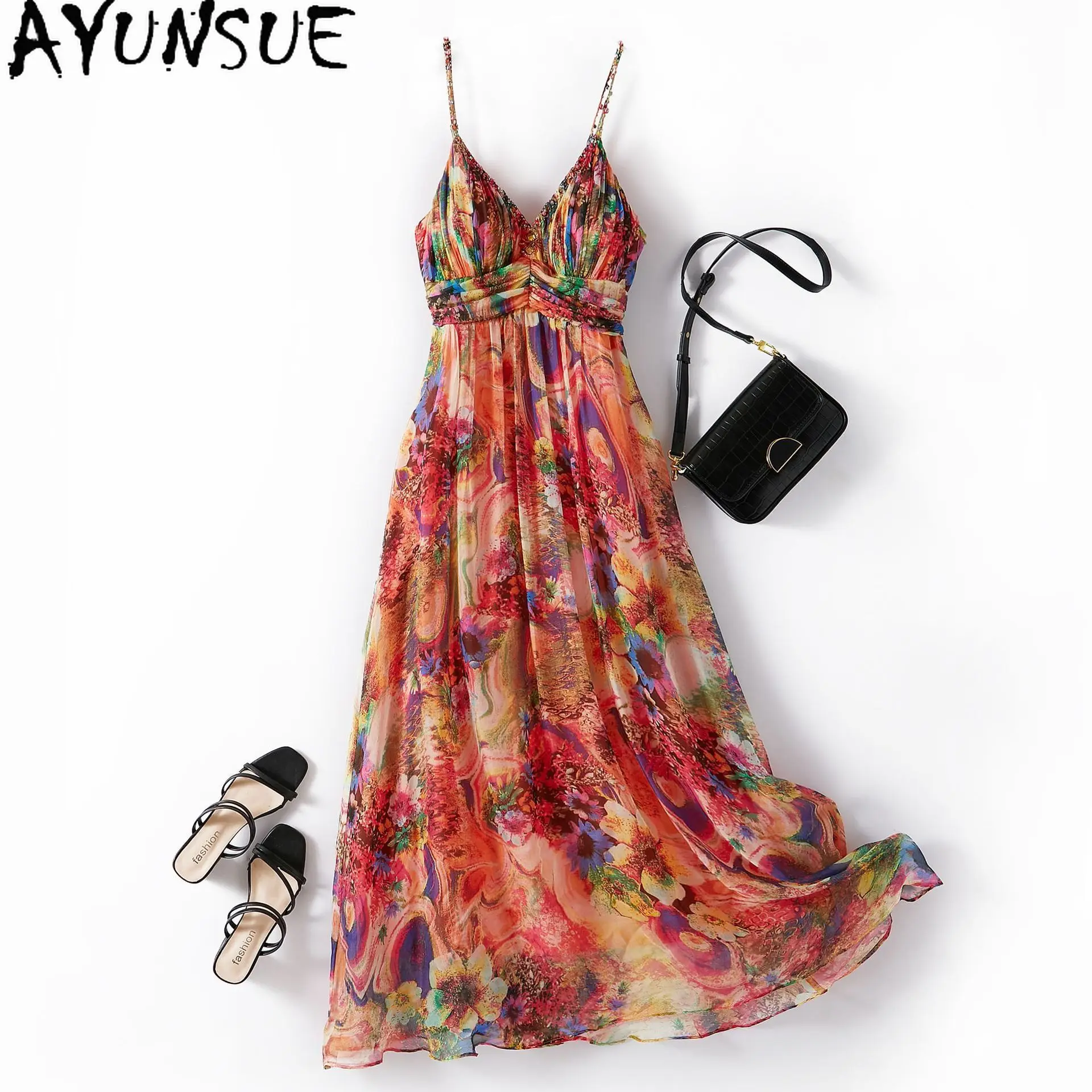 

AYUNSUE Natural Mulberry Silk Slip Dress Woman Beach Style Floral Long Dresses for Woman Clothes 2025 Summer Vestidos De Mujer