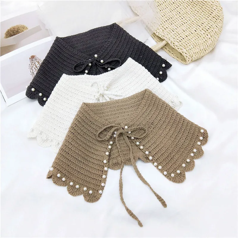 Solid Pearl Weaving Crocheting Pattern Shirts Blouse Sweater Detachable Collars Fake Scarf Shawls Imitation Collar Decoration