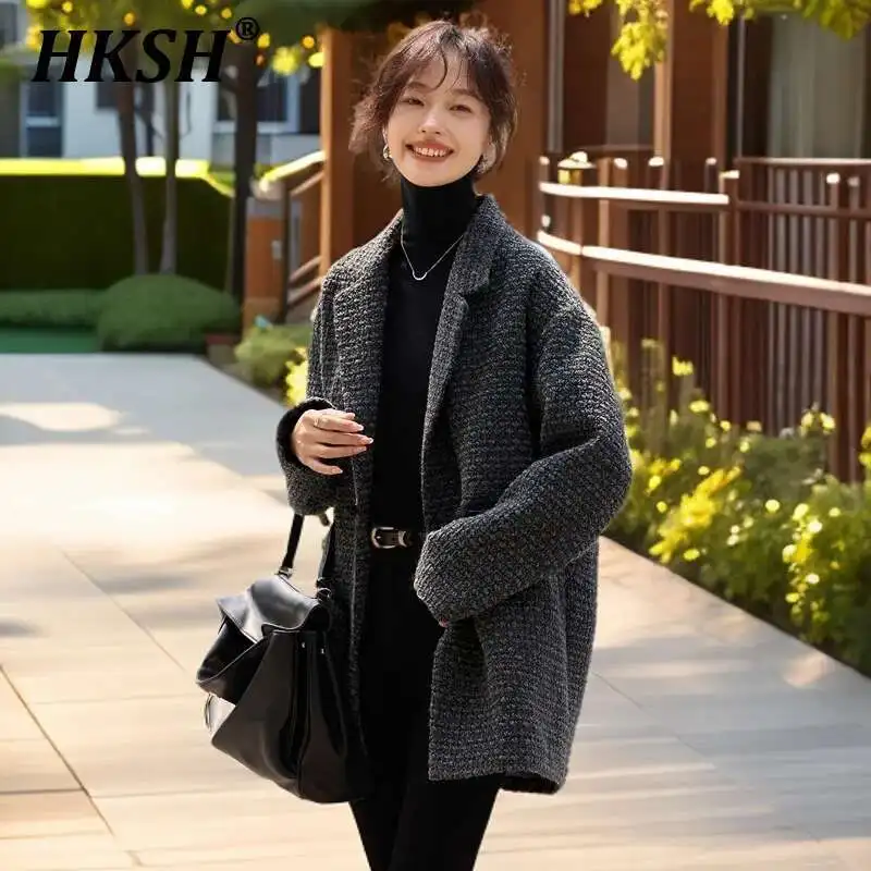 

HKSH Autumn Winter New Women's Tide Korean Small Fragrant Coat Versatile Temperament Top Medium Length Floral Plaid Trench H2891