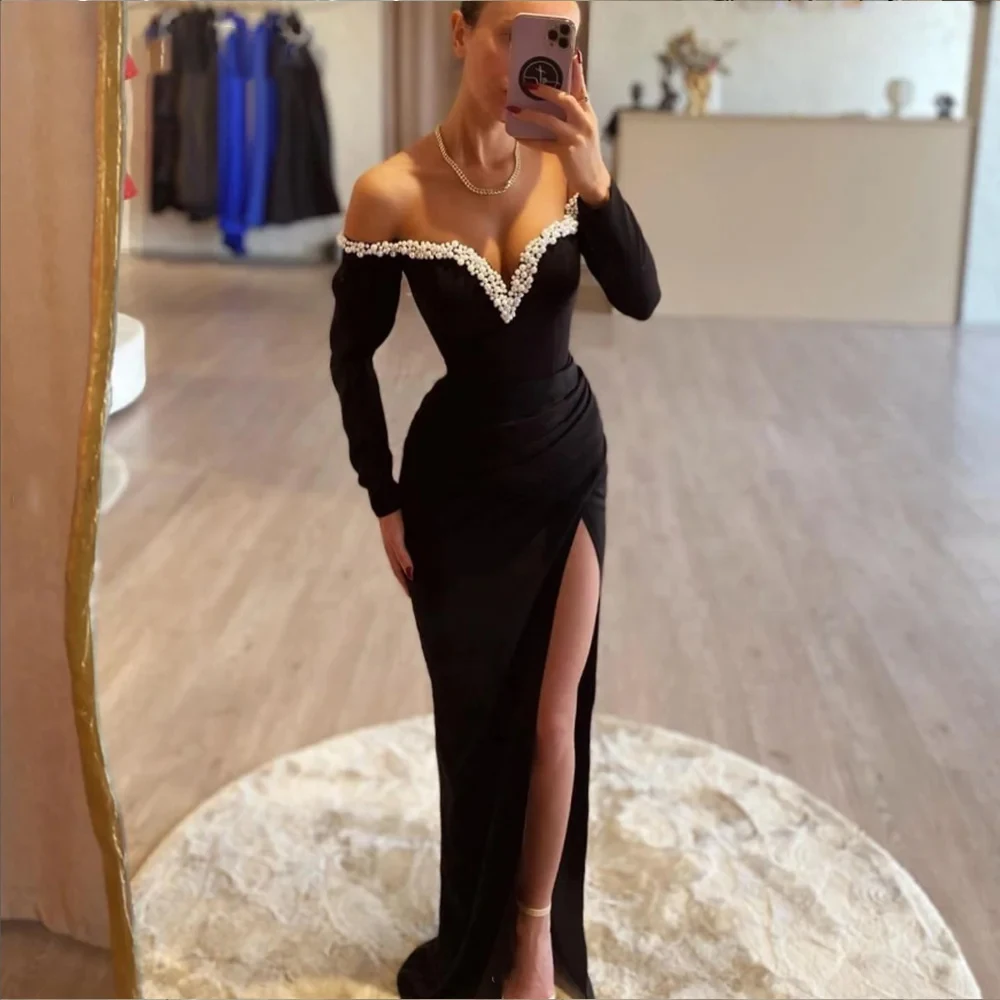 High-end black party dress Cold Shoulder Long Sleeve Backless Slim Tea-Length Dress for Party Pageant Prom Cocktail Evening Gow