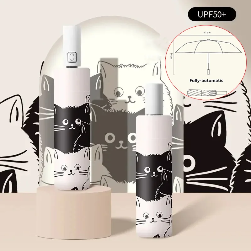 

Women Men Universal Cute Cartoon Cat Pattern Uv Rainproof Windproof Structure Strong Solid Not Easy To Break Sun Umbrella