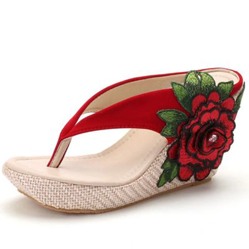 New 9 cm comfortable wedge slippers embroidered flowers sandals large sandals waterproof platform sandals