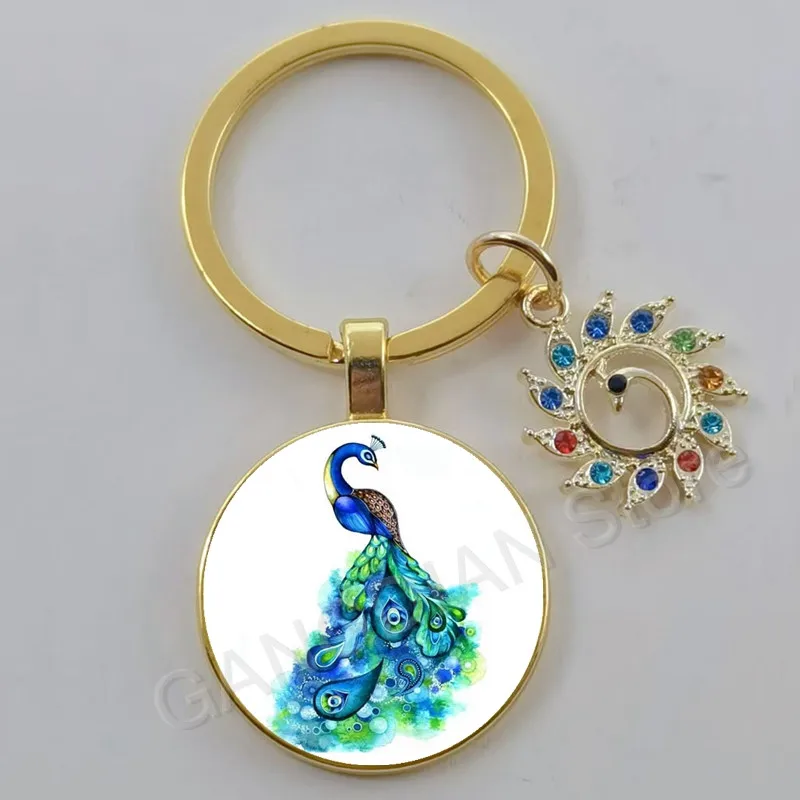 Peacock Feather Peacock Open Screen 25mm Glass Convex Circular Keychain, European and American Car Bag Small Jewelry Pendant