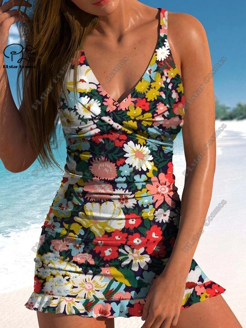 Femmes été frais floral 3D imprimé jupe à bretelles dentelle maillot de bain vacances voyage nouveau dos croix sangle design maillot de bain D-4