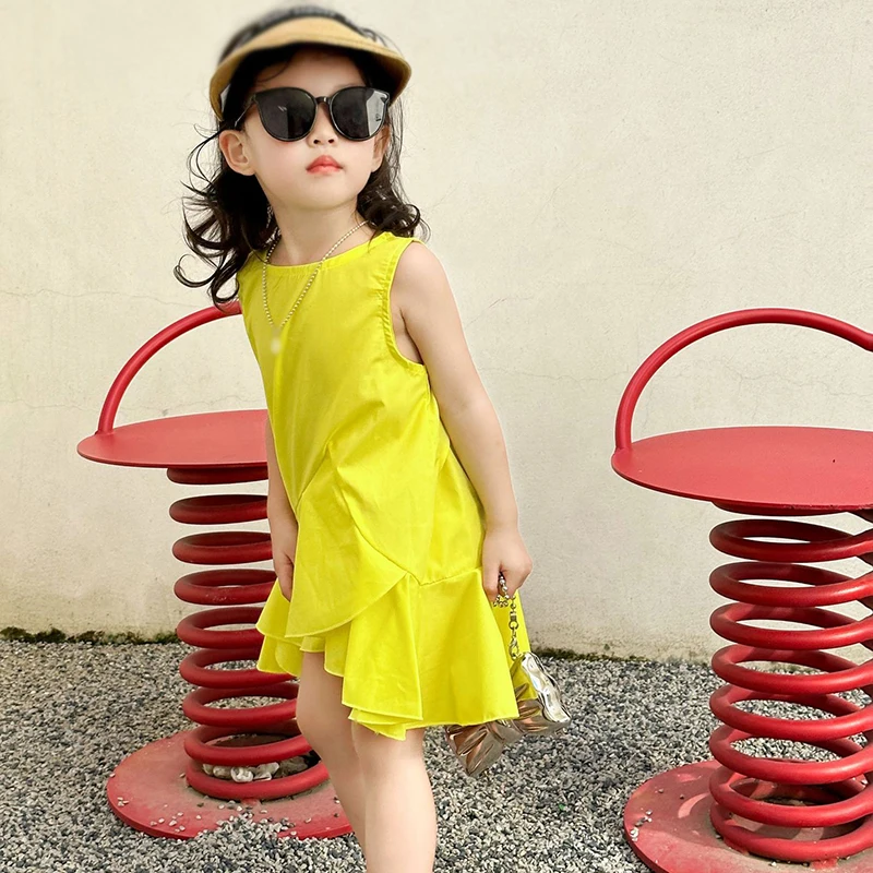 Summer Baby Girl Dress Solid Yellow Kids Casual Vestidos Clothing Ruffle Toddler Children Dress Clothing for Girls 3-8years