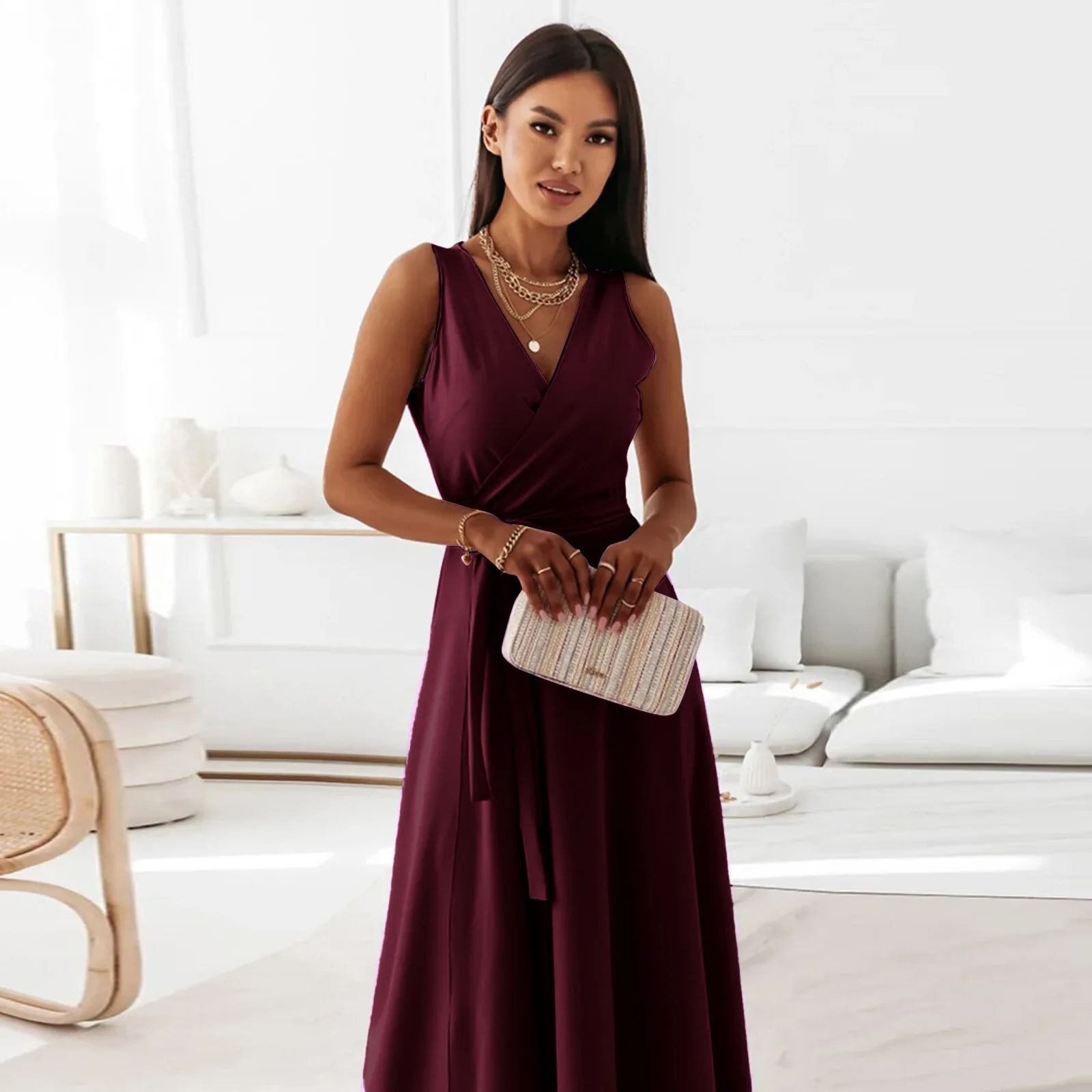 2025 sommer Neue Mode frauen Kleid Tie-neck V-ausschnitt Lange Abendkleid Kleid für Frauen Party Gala – Detail 19