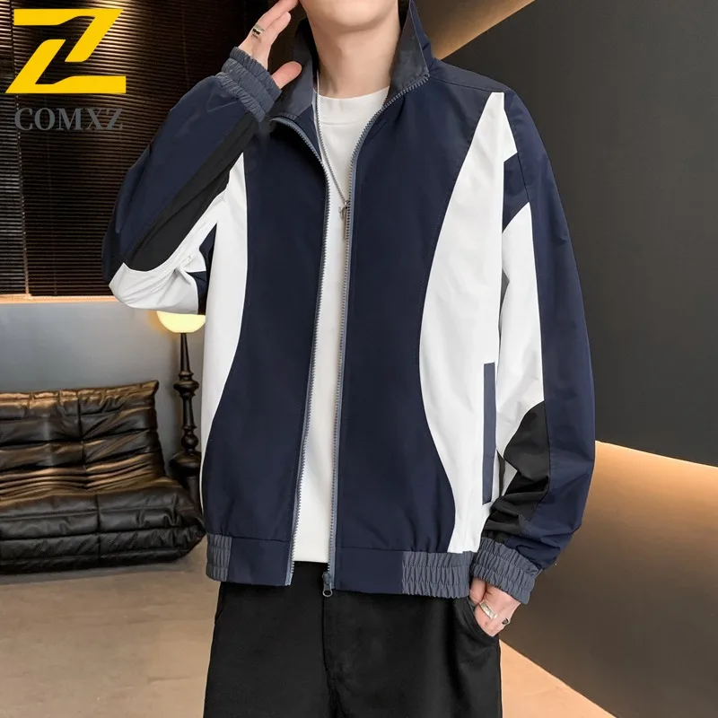 

COMXZ Men Rider Jacket Color Blocking Stand Collar Outdoor Hiking Travel Windproof Coats Camping Lightweight Motorcycle Jacket