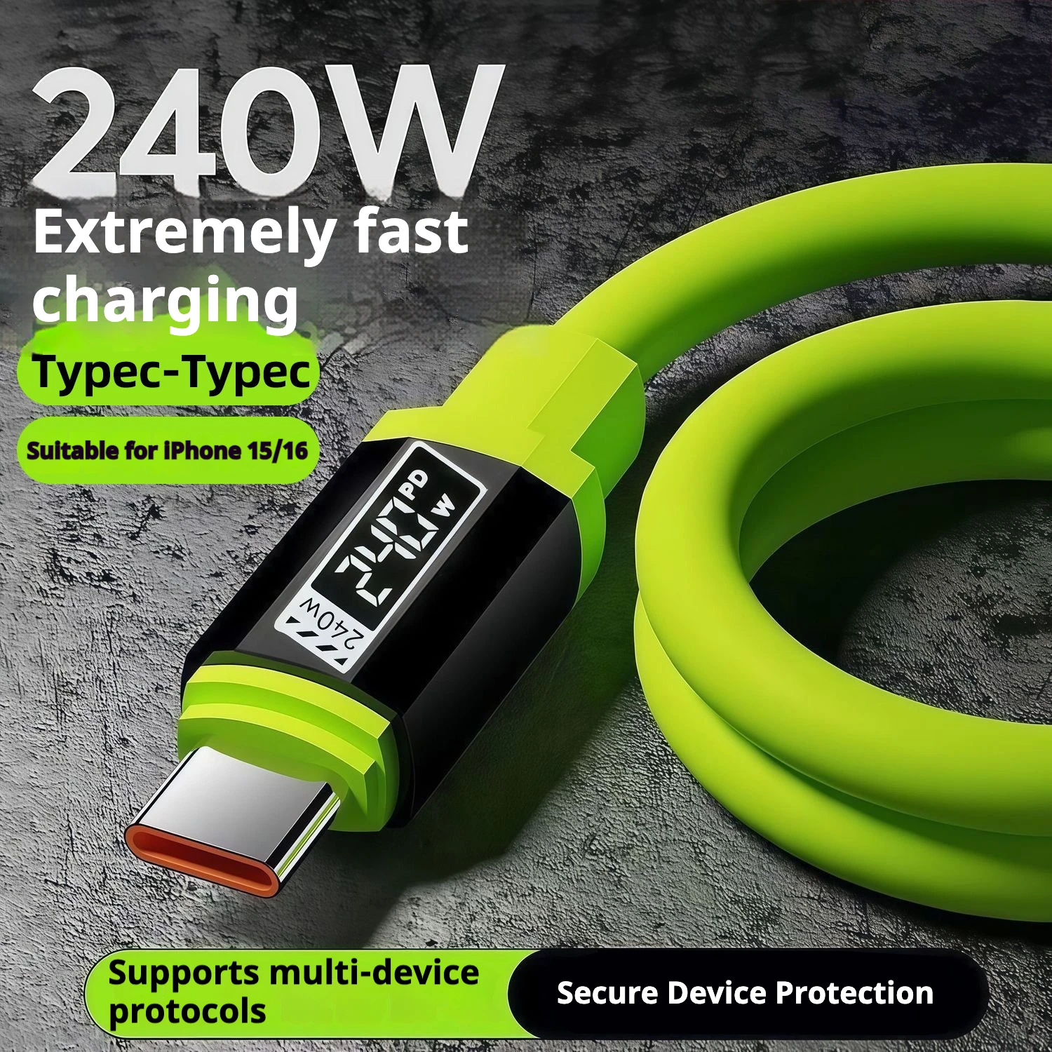 240W 1M/1,5M/2M/3M Colecciona rápidamente cable de datos tipo c a USB tipo C, con pantalla de alimentación en tiempo real, para Huawei, Xiaomi, ipple