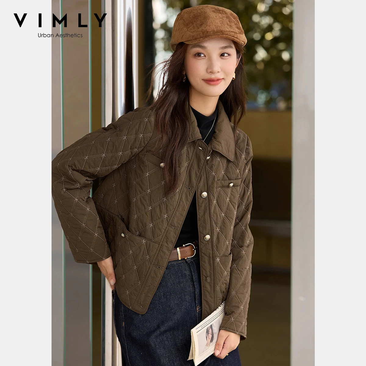 

VIMLY женская куртка-парка 2025, зимняя винтажная куртка с отложным воротником и ромбовидным узором, теплая свободная модная верхняя одежда A3272